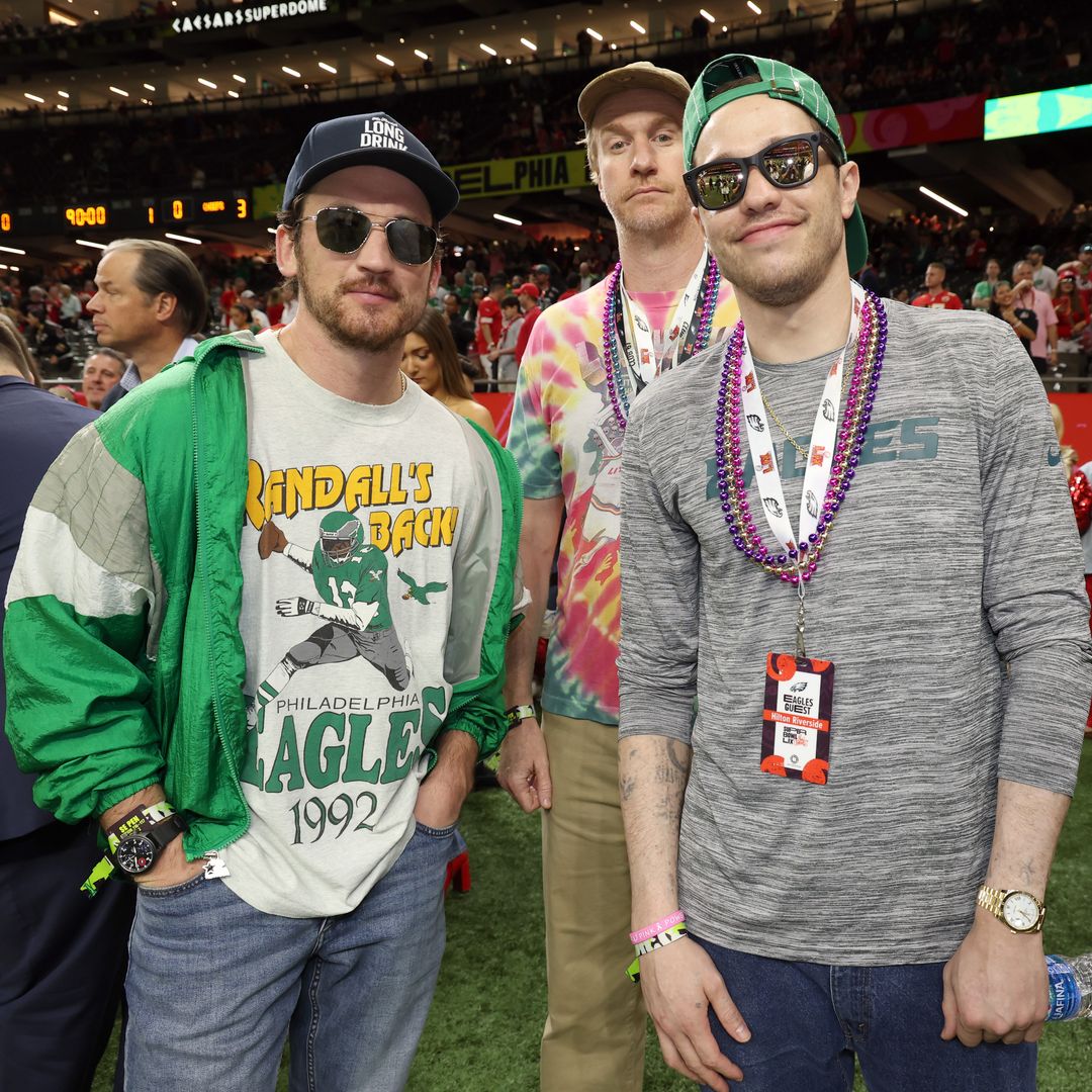 Miles Teller and Pete Davidson attend the Super Bowl LIX Pregame at Caesars Superdome on February 09, 2025 in New Orleans, Louisiana.