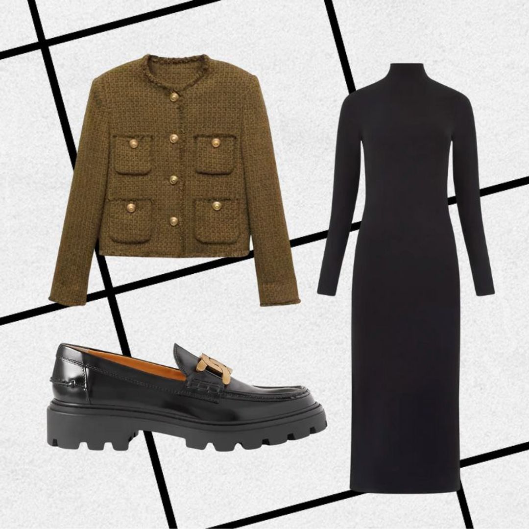 Outfit consisting of tweed khaki jacket, black polo neck dress and chunky loafers 