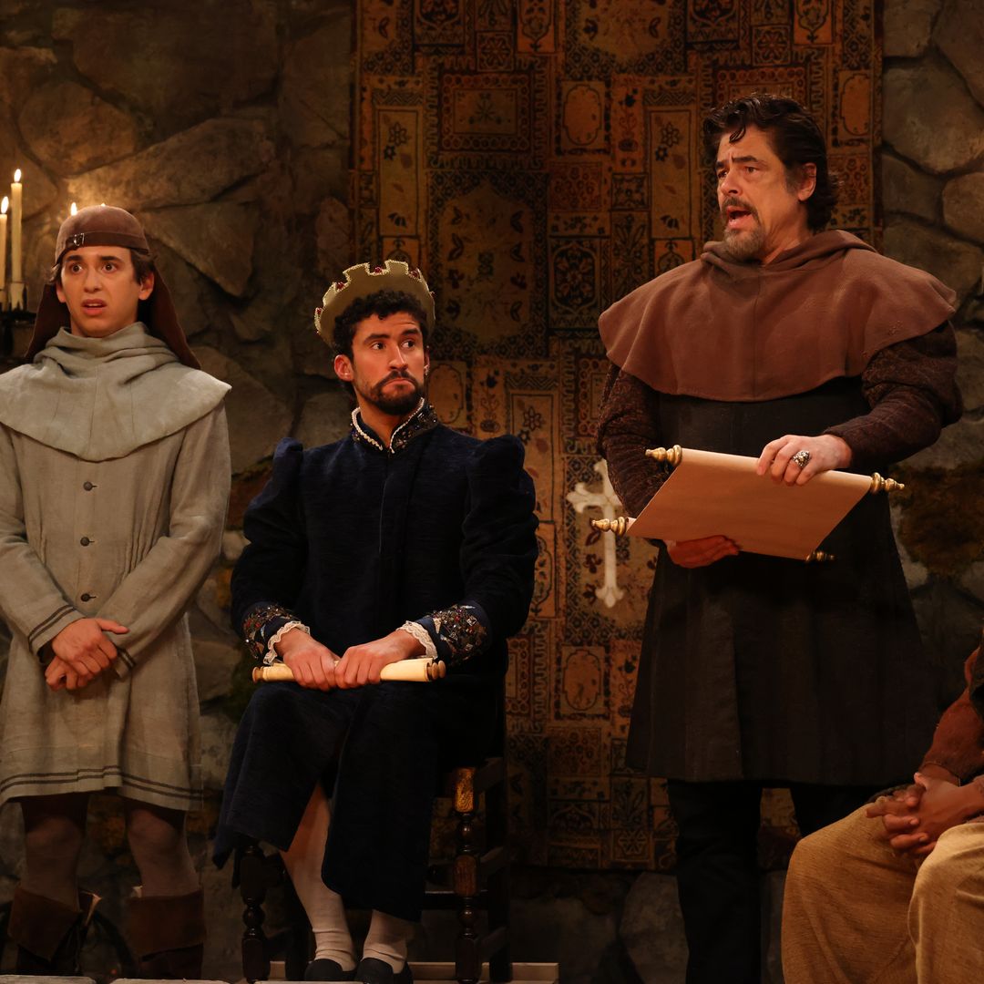 SATURDAY NIGHT LIVE -- Episode 1885 -- Pictured: (l-r) Marcello HernÃ¡ndez, host Bad Bunny, special guest Benicio del Toro, and Kenan Thompson during the "Inventing Spanish" sketch on Saturday, October 4, 2025