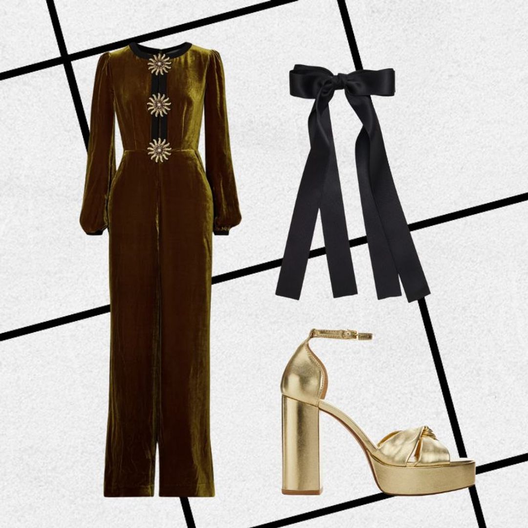 Outfit consisting of khaki velvet jumpsuit, gold platform heels and black bow