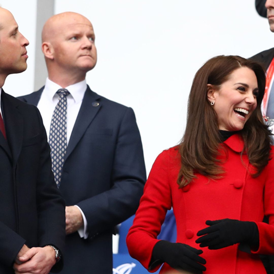 Prince William and lady in red Kate cheer on Wales at rugby match