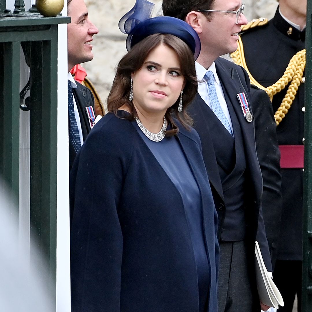 Pregnant Princess Eugenie stuns in bump-skimming navy dress and jewels for coronation ceremony