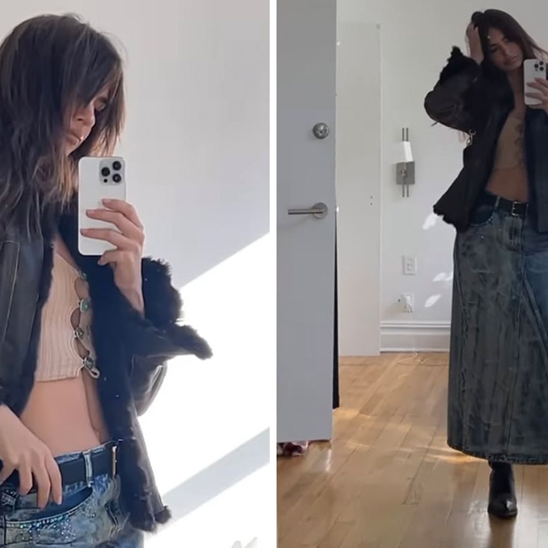 Emily Ratajkowski is a Y2K goddess in denim midi skirt and cut-out crop top