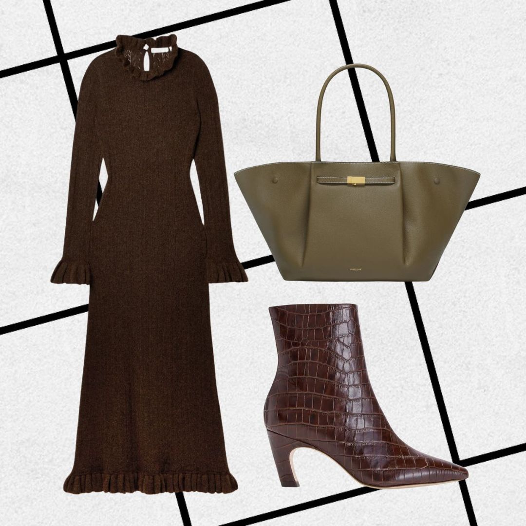 Outfit consisting of brown knit, croc-effect boots, khaki tote 