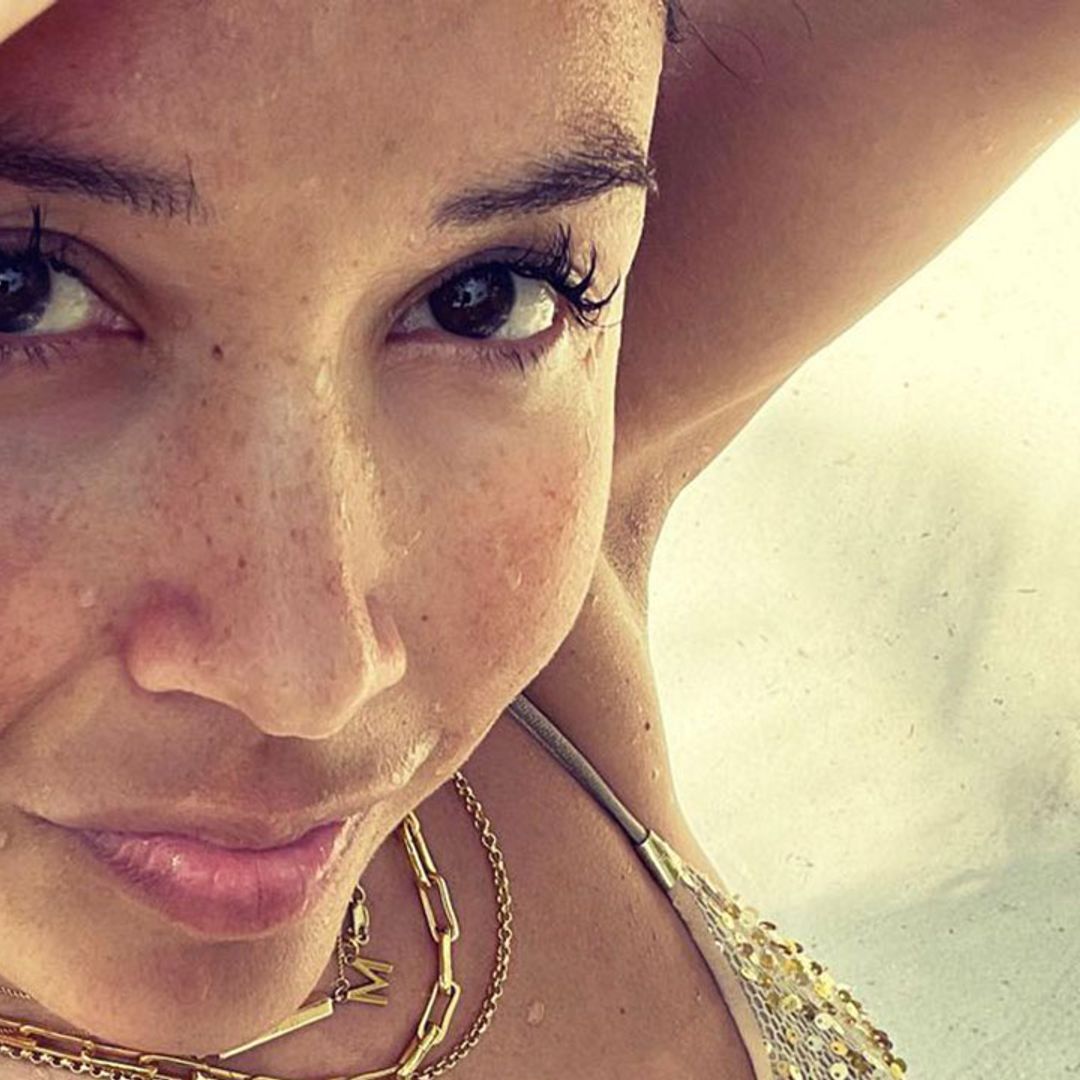 Myleene Klass is a goddess as she poses for beach selfie in gold bikini