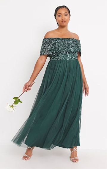 sparkly bardot green bridesmaid dress