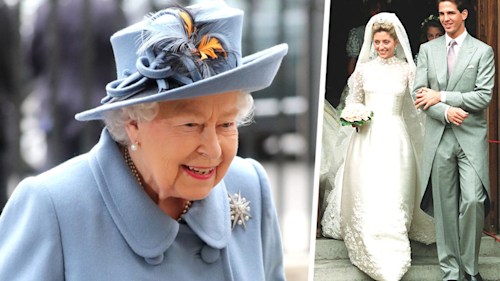 The Queen thoughtfully adjusts royal bride's lace wedding dress in unearthed video