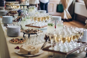 Wedding drinks and food on a table