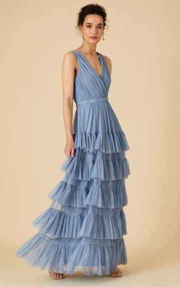 dusky blue gown with tiered skirt