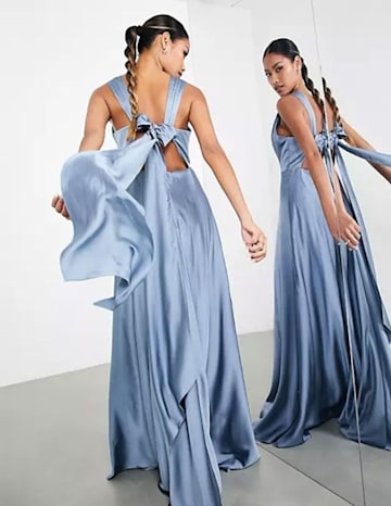 dusky blue satin gown with long satin sashes