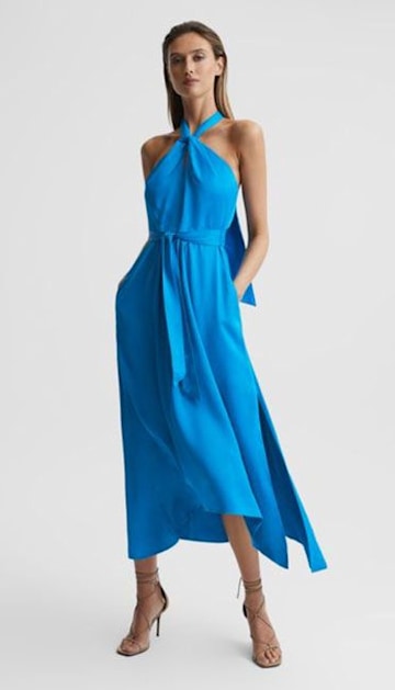 azure blue floaty halterneck dress with pockets