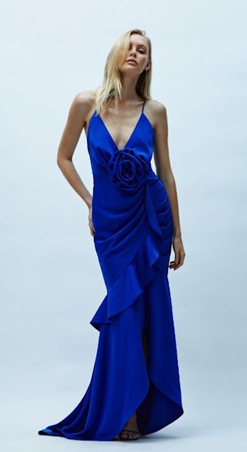 royal blue plunging gown draped and pinned decoratively
