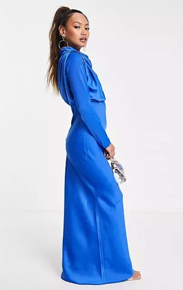 cobalt blue satin draped long sleeved dress