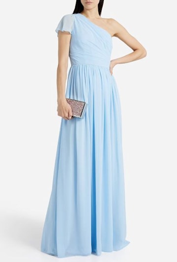 light blue one shoulder gown with a floaty capped sleeve
