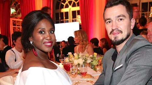 Strictly's Motsi Mabuse models figure-skimming bridal gown in rustic wedding photos