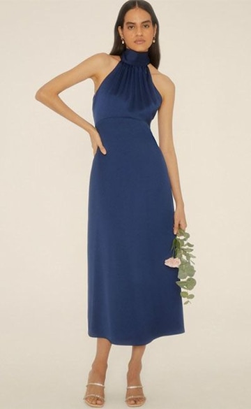 Navy satin halterneck midi dress