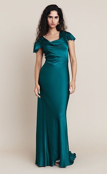 Teal satin maxi bridesmaid dress with cap sleeves and cowl neck