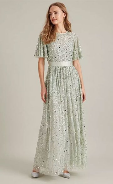 Mint green maxi dress with sequins, short sleeves and a fitted waist