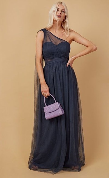 Gunmetal grey bridesmaid dress with one-shoulder detail 