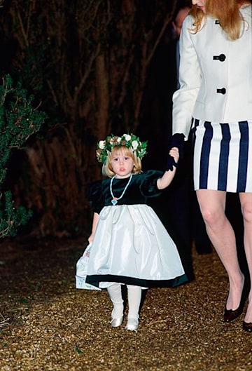Princess Beatrice wearing a cute bridesmaid outfit at Lulu Blacker's wedding