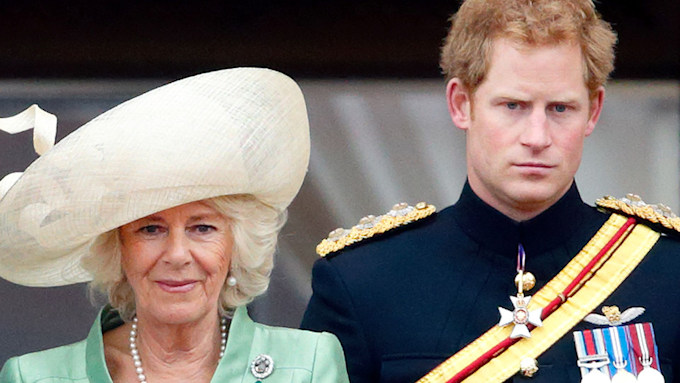 Prince Harry and Camilla looking straightfaced