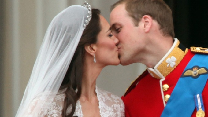 Kate Middleton in a tiara and veil as she kissed her new husband Prince William
