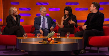 Claudia Winkleman telling the hilarious story on the red sofa on the Graham Norton Show next to Jamie Oliver, George Takei and Dame Kristin Scott Thomas.