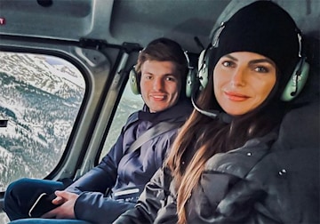 Max Verstappen and Kelly Piquet riding in a helicopter