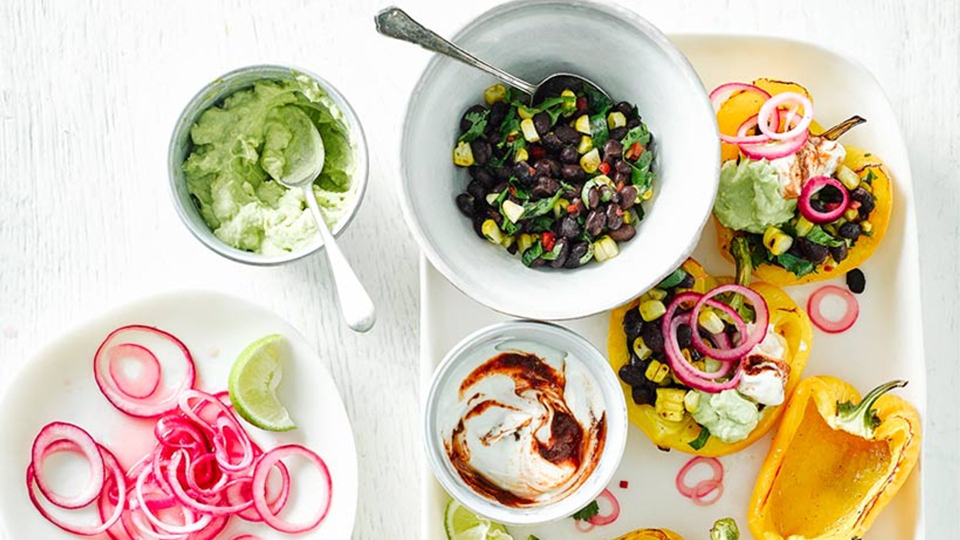 Roasted yellow pepper pot with black bean salsa and avocado cream ...