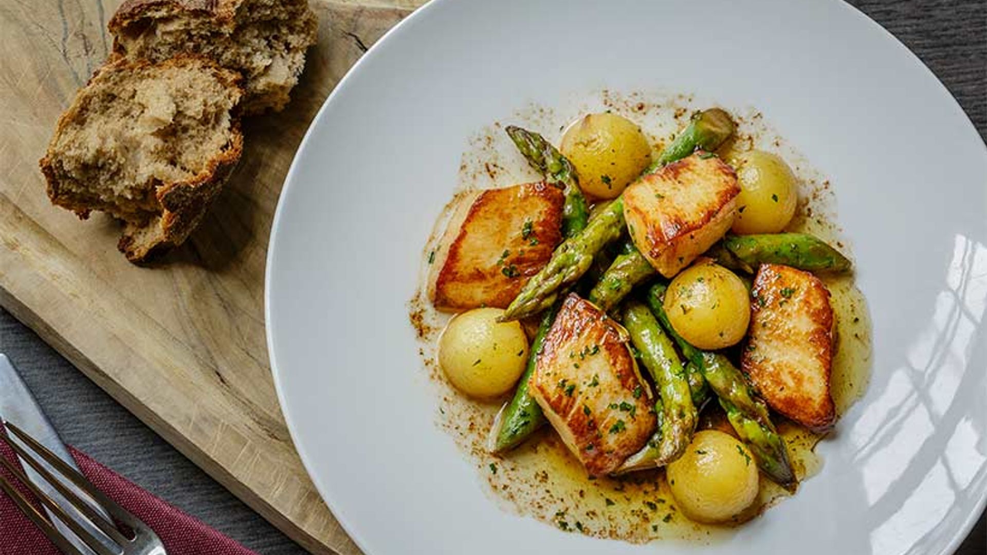 Asparagus, Jersey Royals, Scallops and Marmite Butter recipe HELLO!