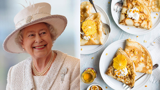 Queen Elizabeth II wears a cream outfit beside a plate of crepes