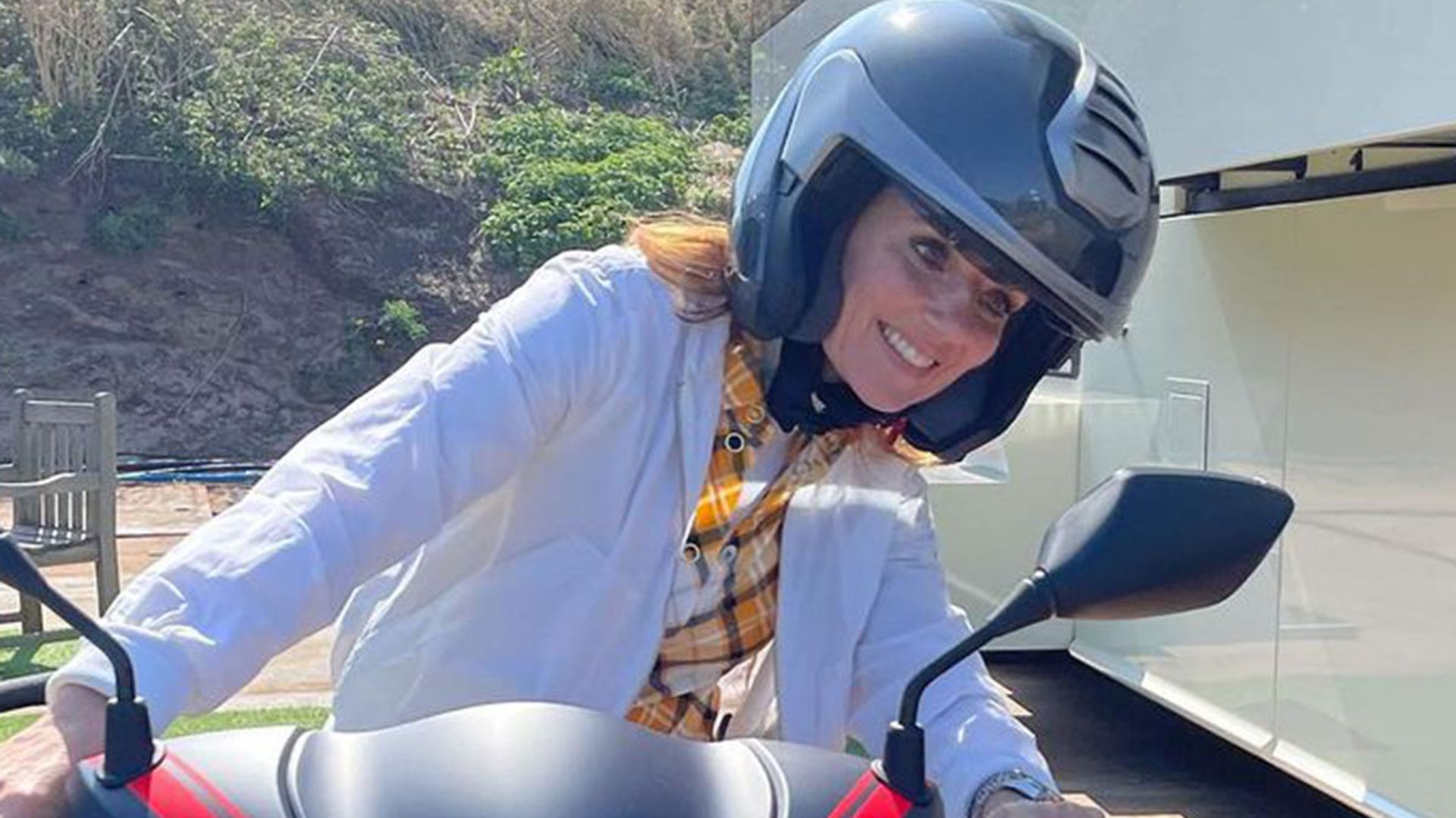 Geri Horner Rides A Motorbike In Thigh-skimming Mini Dress And Heels 