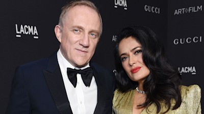 Salma Hayek rocks a leather skirt for Valentine's date with husband François-Henri