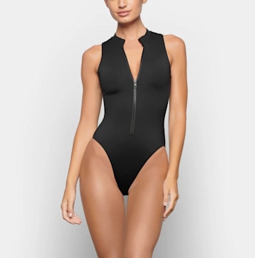 best black one piece zip up swimsuit skims