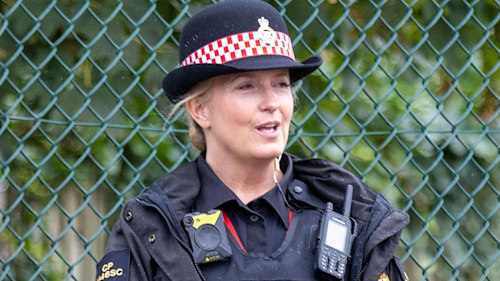 Penny Lancaster dons her police uniform as Queen's coffin arrives at RAF Northolt