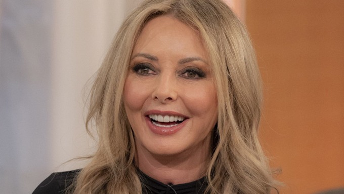 carol vorderman in black top and leather trousers on this morning