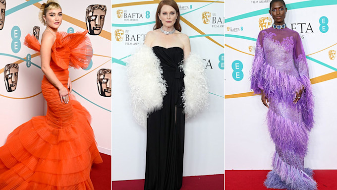 best dressed stars at ee bafta film awards 2023 florence pugh in orange tulle julianne moore in strapless dress and jodie turner smith in purple feathers