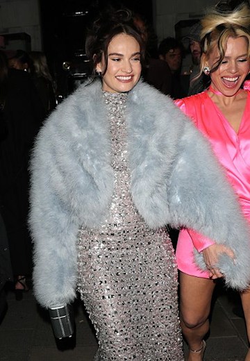 lily james in a silver sequin dress