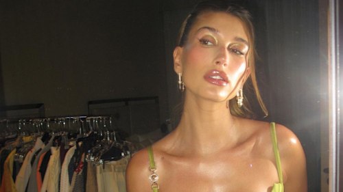Hailey Bieber doesn't mind an outfit repeat in green Versace corset dress