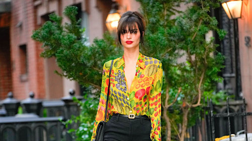 Emily Ratajkowski nails transitional dressing in ultra-vibrant tropical print shirt