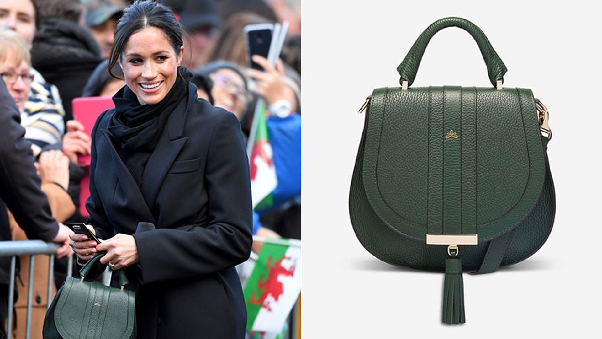 Meghan Markle opts for stunning green DeMellier handbag in Cardiff | HELLO!