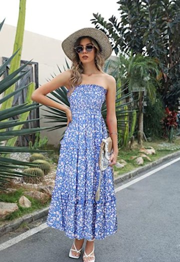 Amazon print strapless shirred beach dresses