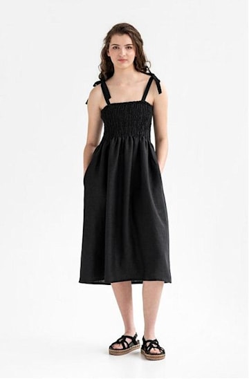 meghan markle magic linen black strapless dress