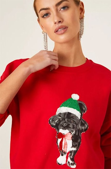 model wearing a red christmas jumper with a dog on