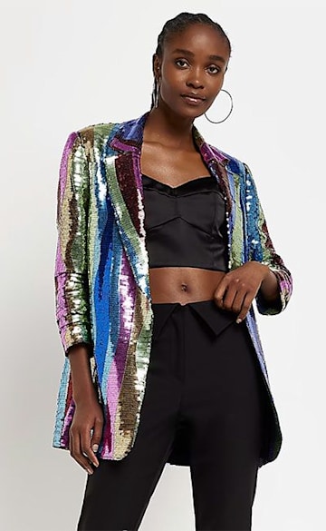River Island rainbow stripe sequin blazer with ruched sleeves