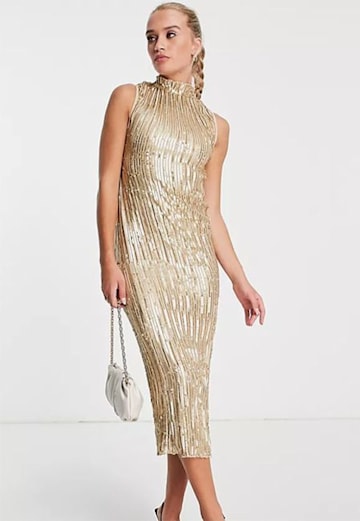 gold high neck embellished midi dress