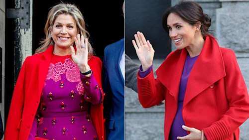 Queen Maxima follows Meghan Markle's lead in a colour-clashing purple and red outfit