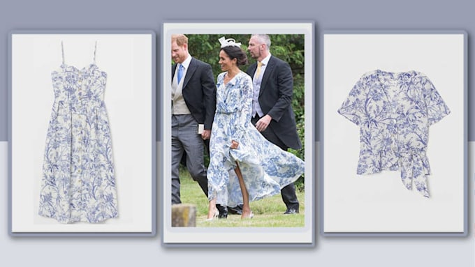 meghan markle blue and white print dress hm