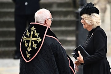 Queen Camilla looks dignified in fitted coat dress for Queen Elizabeth ...