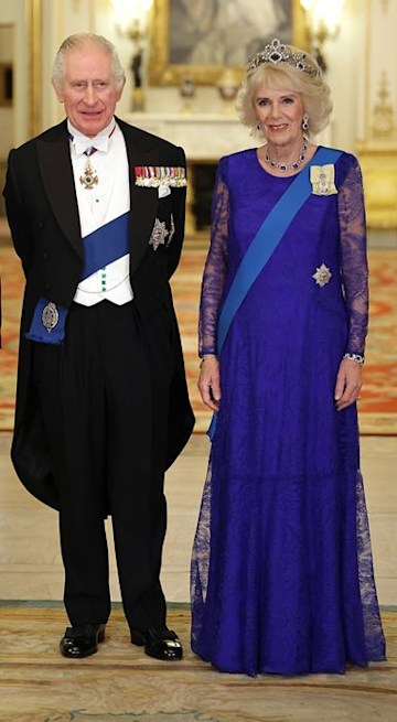Queen Consort Camilla in a Blue Dress and King Charles at the State Banquet